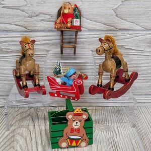 5 Wooden Christmas Ornaments Rocking Horse Sleigh Bear Basket‎ Rocking Chair Vtg